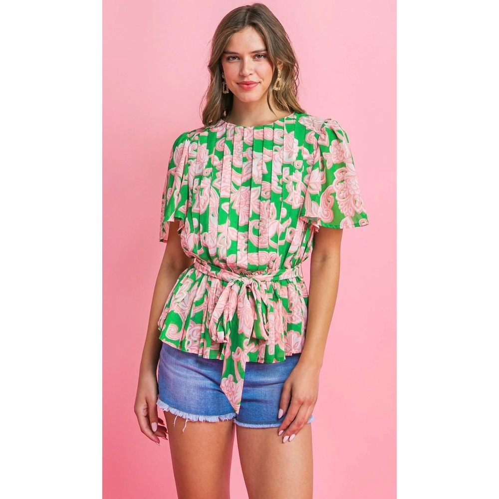 Flying Tomato With You Forever Woven Top Green Pink Floral Peplum Blouse M